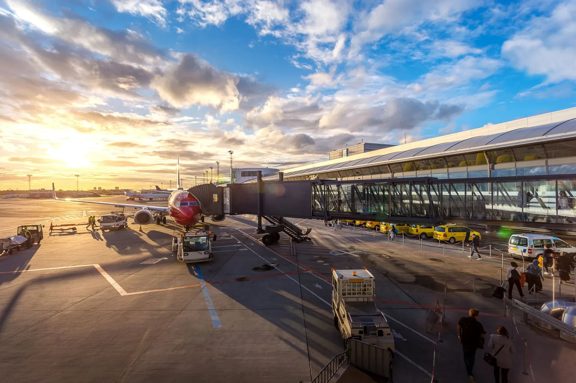 Aircraft on an airport apron at a transport hub